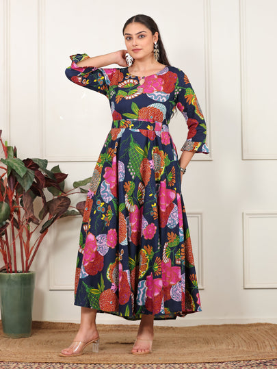 Soft Cotton Floral Anarkali Multicolor Dress