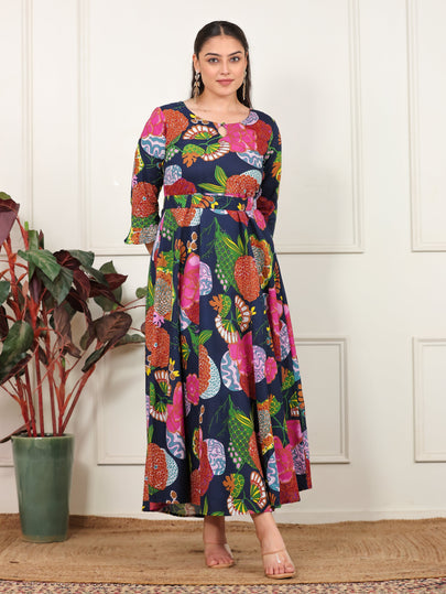 Soft Cotton Floral Anarkali Multicolor Dress