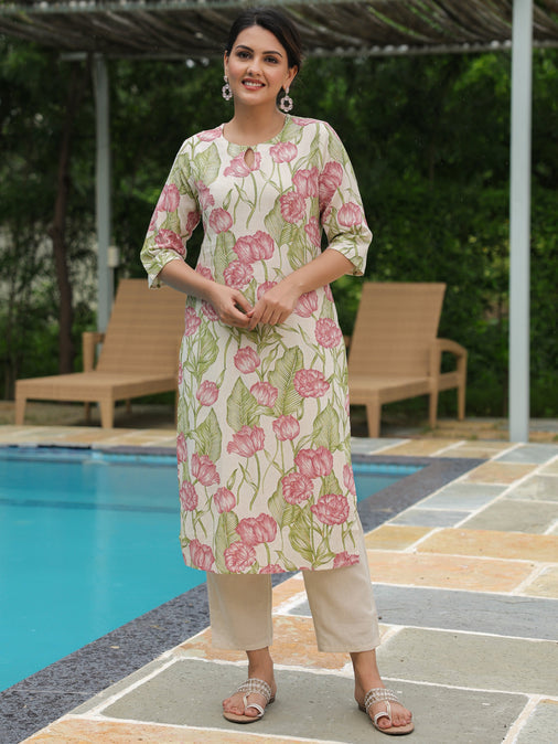 Linen Cotton Floral Straight Off White Kurta Set