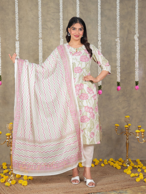 Linen Cotton Floral Straight Off White Kurta Set