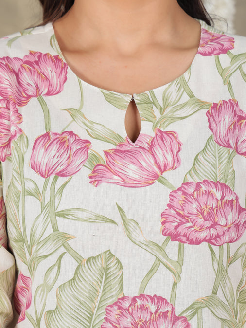 Linen Cotton Floral Straight Off White Kurta Set