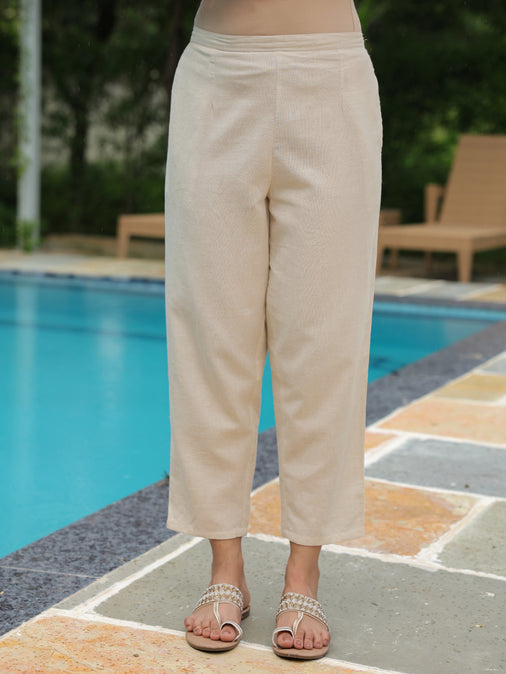 Linen Cotton Floral Straight Off White Kurta Set