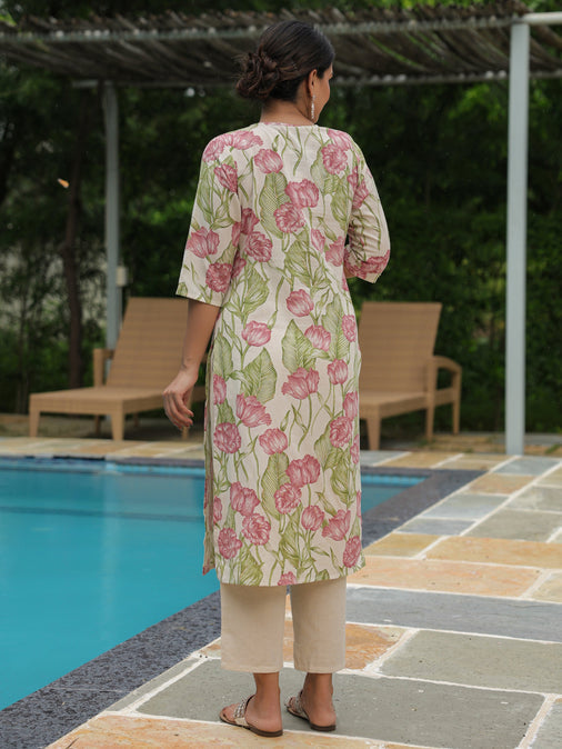 Linen Cotton Floral Straight Off White Kurta Set