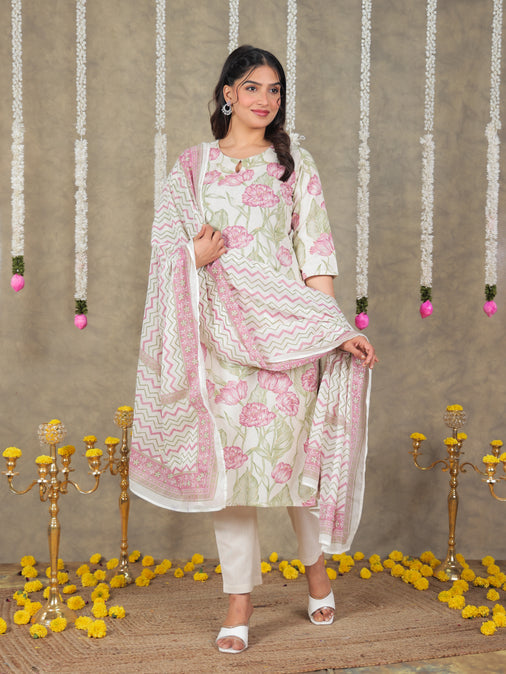 Linen Cotton Floral Straight Off White Kurta Set