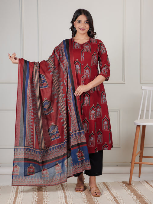 Cotton Voile Mughal Print Rust Dupatta
