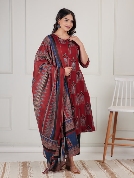 Cotton Voile Mughal Print Rust Dupatta