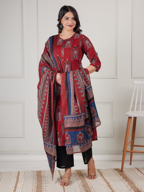 Cotton Voile Mughal Print Rust Dupatta