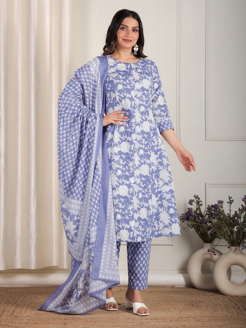 Cotton Voile Floral Purple Dupatta