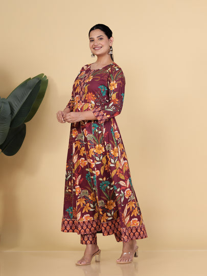 Soft Cotton Floral Anarkali Purple Kurta Set