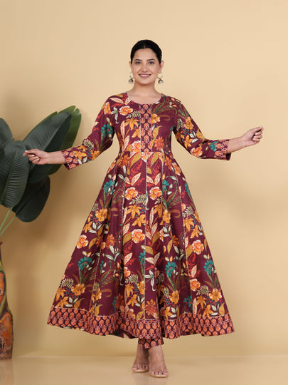 Soft Cotton Floral Anarkali Purple Kurta Set