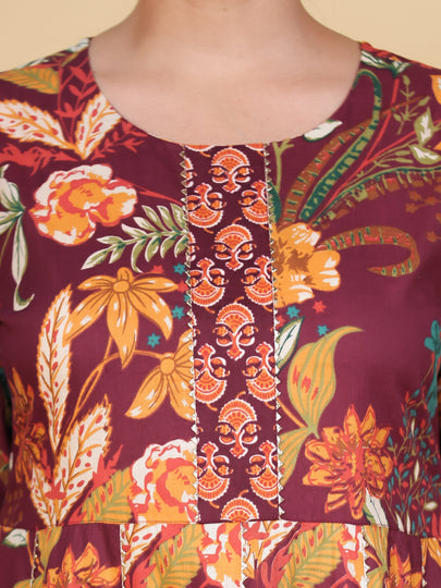 Soft Cotton Floral Anarkali Purple Kurta Set