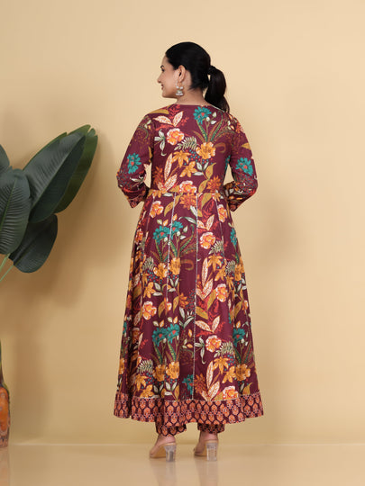 Soft Cotton Floral Anarkali Purple Kurta Set