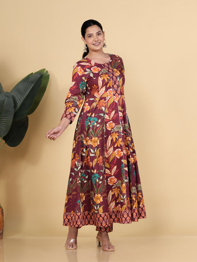 Soft Cotton Floral Anarkali Purple Kurta Set