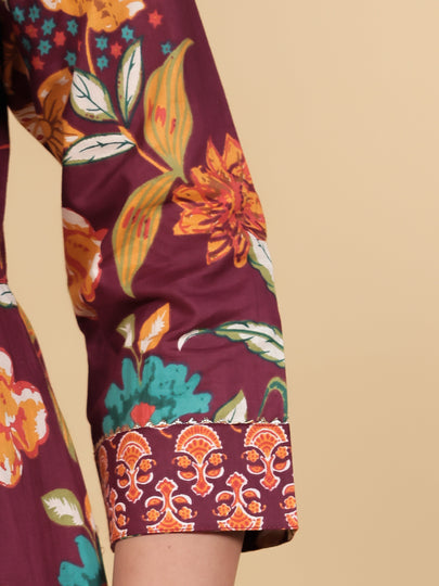 Soft Cotton Floral Anarkali Purple Kurta Set